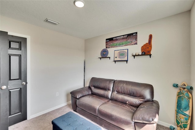 living room featuring carpet floors and a textured ceiling