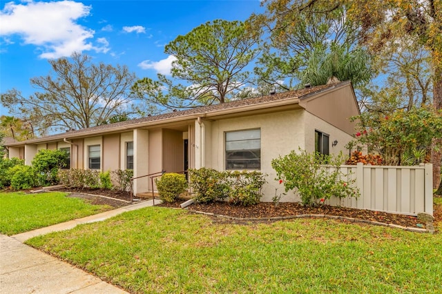 single story home featuring a front yard and stucco siding