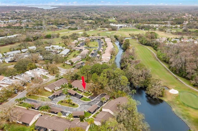 bird's eye view featuring a residential view, a water view, and golf course view