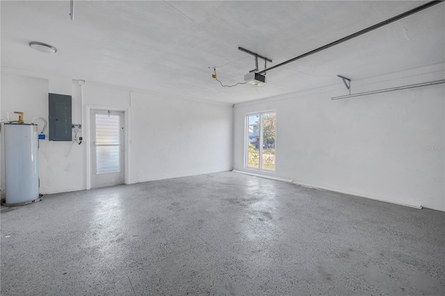 garage featuring water heater, electric panel, and a garage door opener