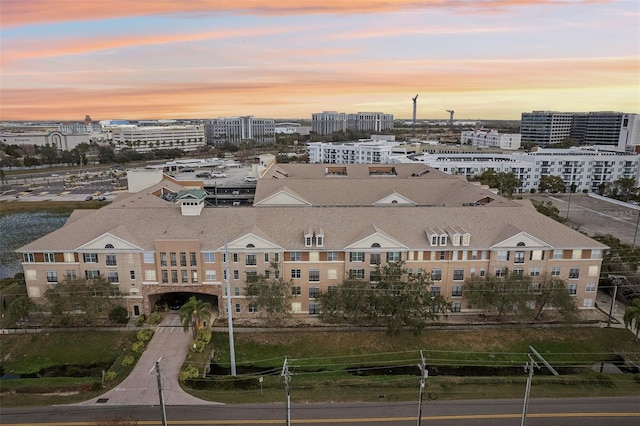 view of aerial view at dusk