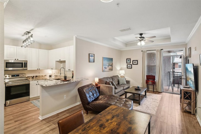 4221 W Spruce St Unit 1414, Tampa, FL 33607 - living room featuring sink, ceiling fan, ornamental molding, light hardwood / wood-style floors, and a raised ceiling