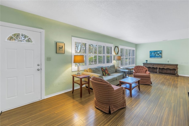 living room featuring a textured ceiling, baseboards, and wood finished floors