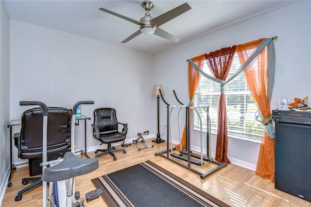 exercise room with hardwood / wood-style floors and ceiling fan