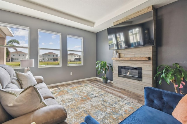 living room featuring wood-type flooring, plenty of natural light, and a fireplace