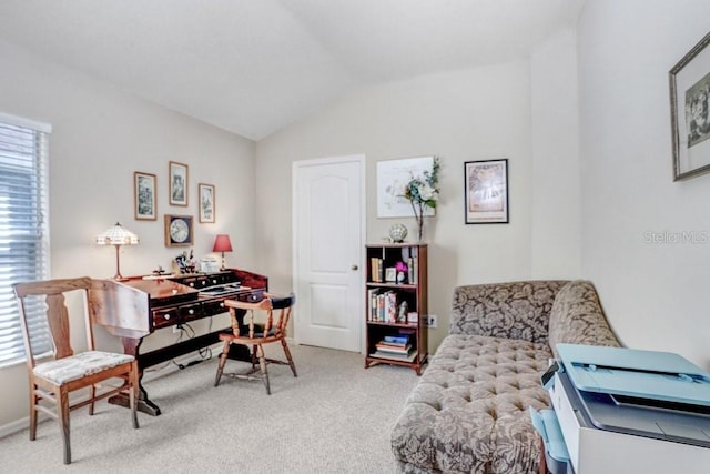 carpeted office space featuring lofted ceiling and plenty of natural light