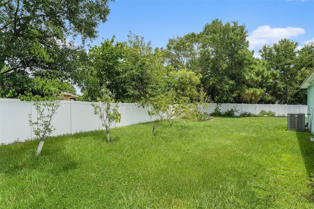 view of yard featuring a fenced backyard and central AC unit