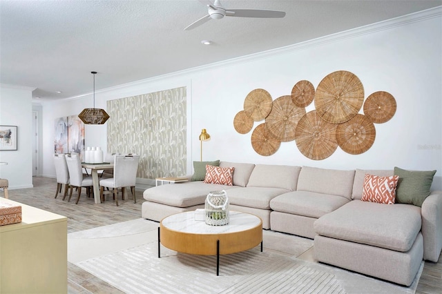 living room with ceiling fan, ornamental molding, light hardwood / wood-style flooring, and a textured ceiling