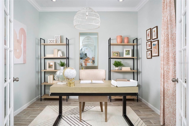 office space with ornamental molding, french doors, and a chandelier