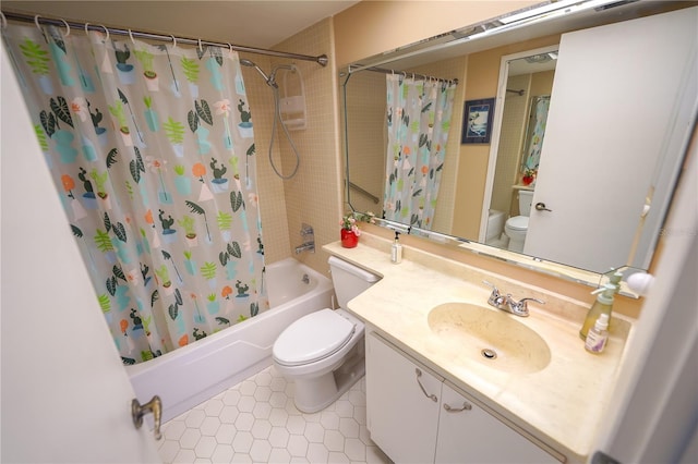 full bathroom with vanity, shower / bathtub combination with curtain, tile patterned floors, and toilet