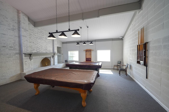 rec room featuring billiards, carpet, a fireplace, brick wall, and beamed ceiling