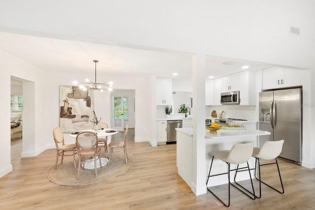 kitchen featuring sink, light wood-type flooring, white cabinets, stainless steel appliances, and backsplash