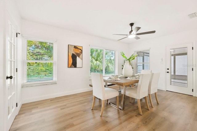 dining room with ceiling fan and light wood-type flooring