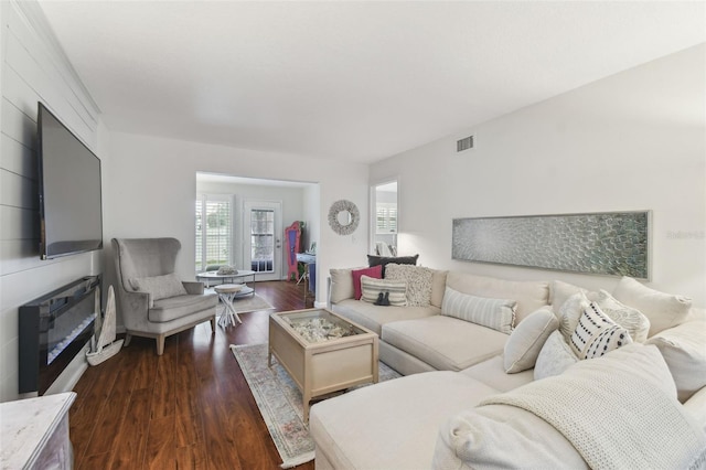 living area with visible vents and dark wood-style flooring