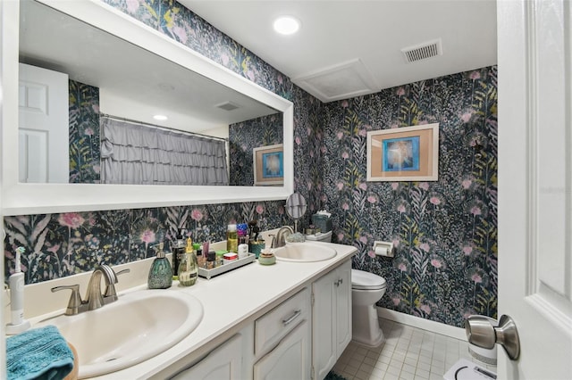 full bath featuring toilet, tile patterned flooring, a sink, and wallpapered walls