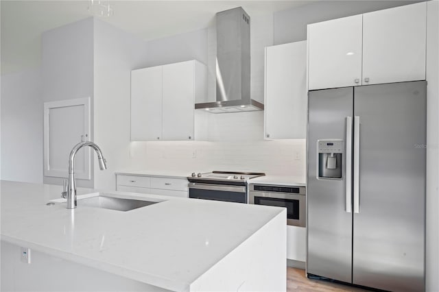 kitchen featuring wall chimney exhaust hood, white cabinetry, stainless steel appliances, and a sink