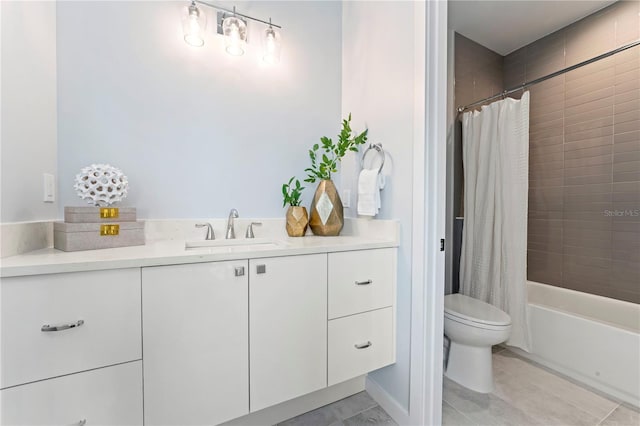 bathroom featuring shower / bath combination with curtain, vanity, and toilet