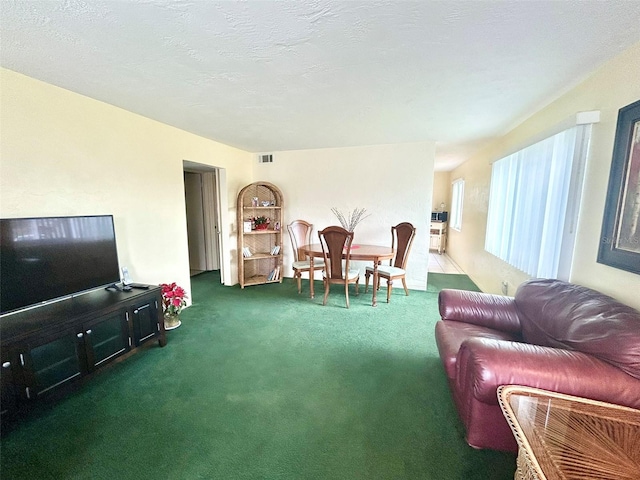 living room with dark colored carpet and a textured ceiling