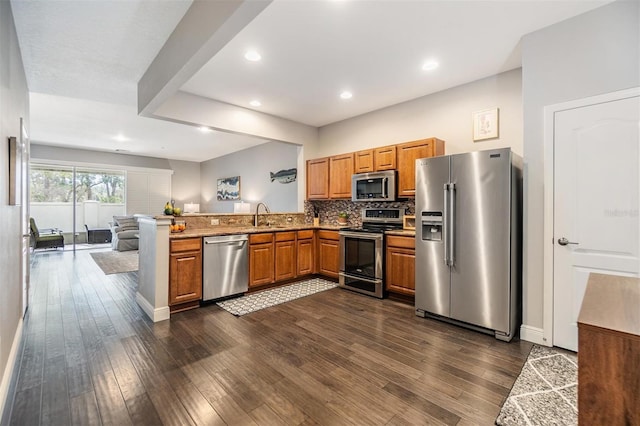 kitchen featuring a peninsula, appliances with stainless steel finishes, dark wood-style flooring, and a sink