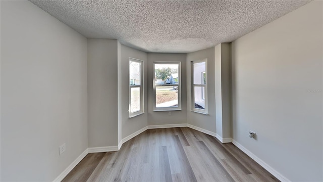 empty room with a textured ceiling and light hardwood / wood-style floors