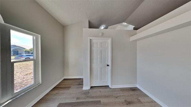 unfurnished room featuring lofted ceiling, a wealth of natural light, and light wood-type flooring