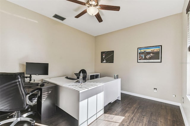 office space featuring visible vents, ceiling fan, baseboards, and wood finished floors