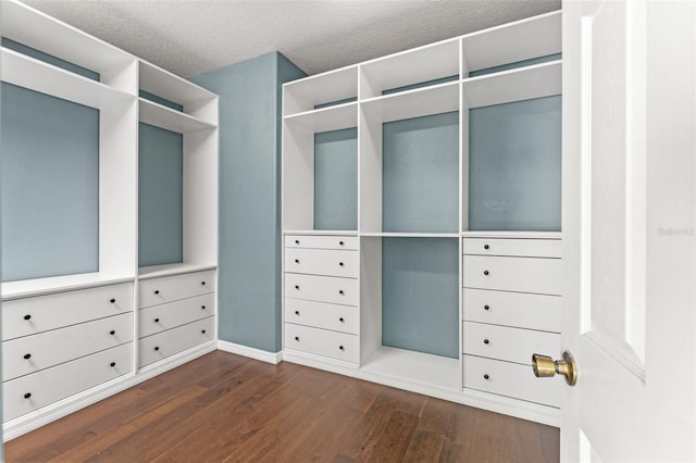 walk in closet with dark wood-type flooring