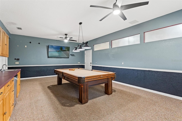 game room featuring ceiling fan, carpet flooring, sink, and pool table