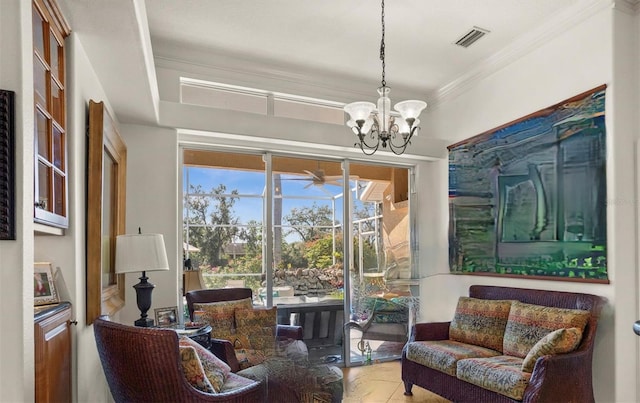 sitting room featuring a chandelier, visible vents, and crown molding