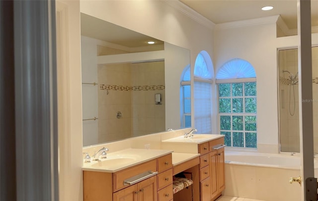 full bath featuring a garden tub, a stall shower, a sink, and crown molding