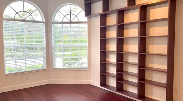 empty room with dark wood-style floors, a wealth of natural light, and baseboards