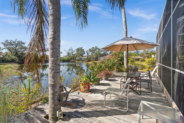 deck featuring a water view