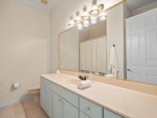 bathroom with toilet, ornamental molding, vanity, a shower with shower curtain, and tile patterned flooring