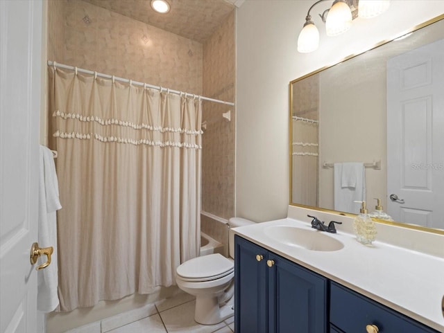 full bathroom with shower / bathtub combination with curtain, vanity, tile patterned flooring, and toilet