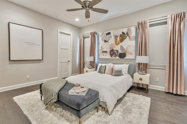 bedroom featuring hardwood / wood-style floors, ceiling fan, baseboards, and recessed lighting