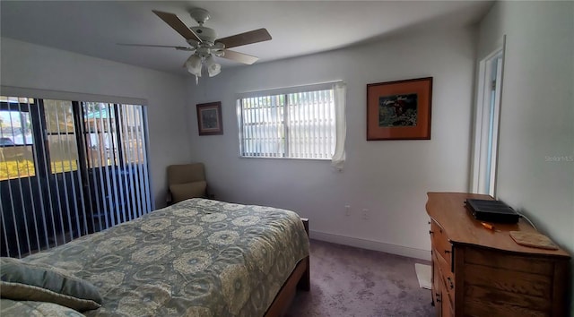 bedroom featuring access to exterior, ceiling fan, baseboards, and carpet flooring