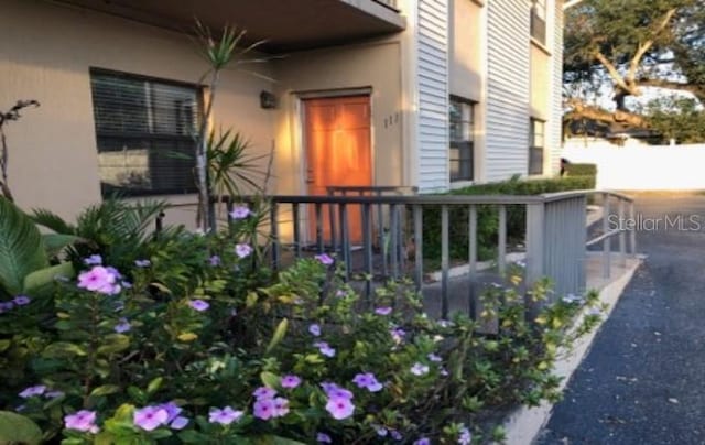 doorway to property with stucco siding