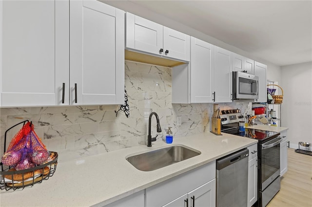 kitchen with sink, appliances with stainless steel finishes, white cabinetry, decorative backsplash, and light wood-type flooring