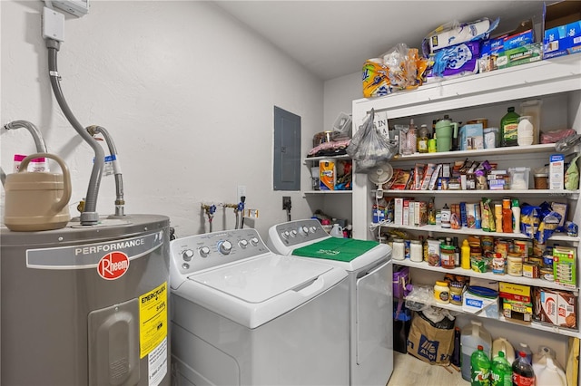 clothes washing area with electric water heater, electric panel, washer and clothes dryer, and light hardwood / wood-style floors