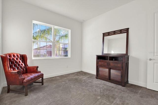 living area featuring carpet flooring and baseboards