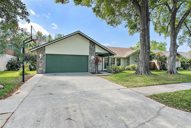 ranch-style house featuring a front lawn, stucco siding, driveway, stone siding, and an attached garage