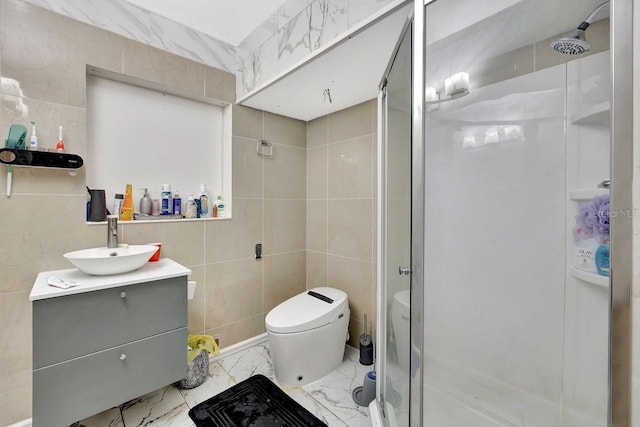 1011 W Columbus Dr, Tampa, FL 33602 - full bathroom with tile walls, a shower stall, vanity, and marble finish floor