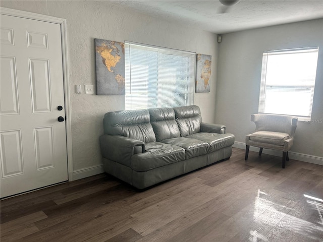 living room with a textured wall, baseboards, and wood finished floors