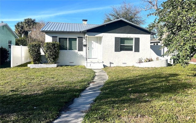 bungalow-style house featuring crawl space, a front yard, fence, and stucco siding