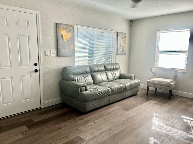 living room with wood finished floors, baseboards, and a textured wall