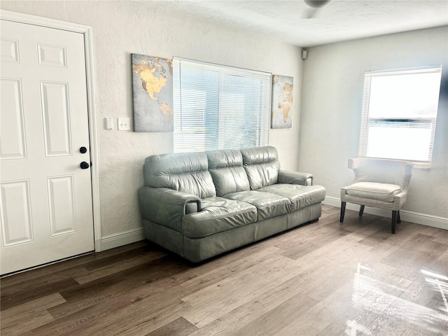 living room with baseboards, wood finished floors, and a textured wall