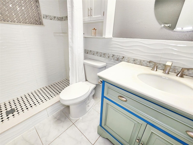 bathroom featuring a textured wall, toilet, vanity, a shower stall, and tile walls