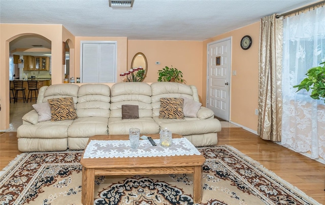 living room with wood-type flooring and a textured ceiling