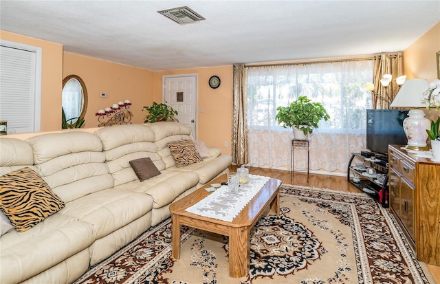 living room featuring a textured ceiling and light wood-type flooring