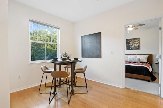 dining space featuring ceiling fan and light wood-type flooring